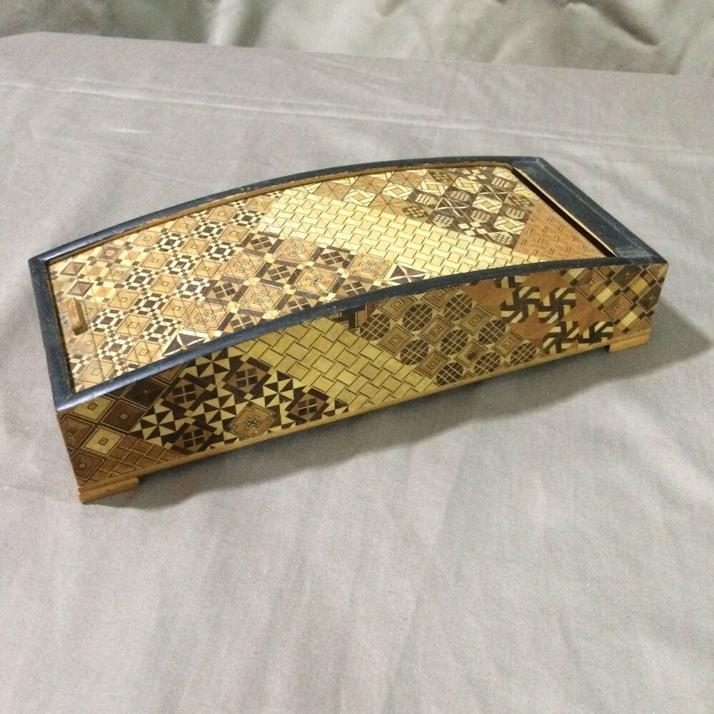 Vintage 60s Japanese Yosegi Zaiku Wood Box Arched Sliding Tambour Roll Top